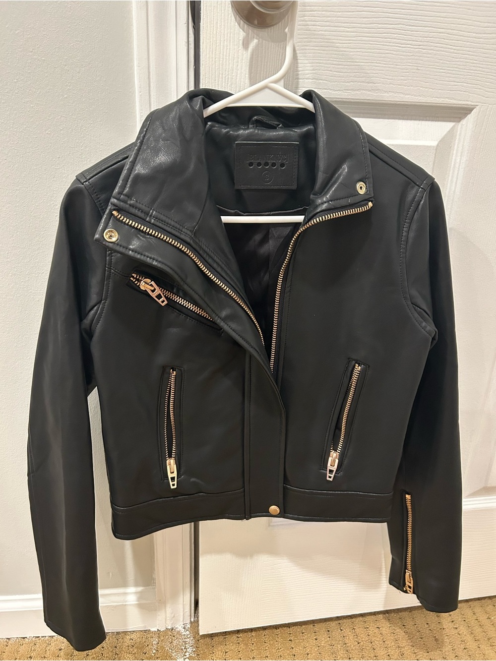 Blank NYC Black Faux Leather Moto Jacket with Gold Hardware